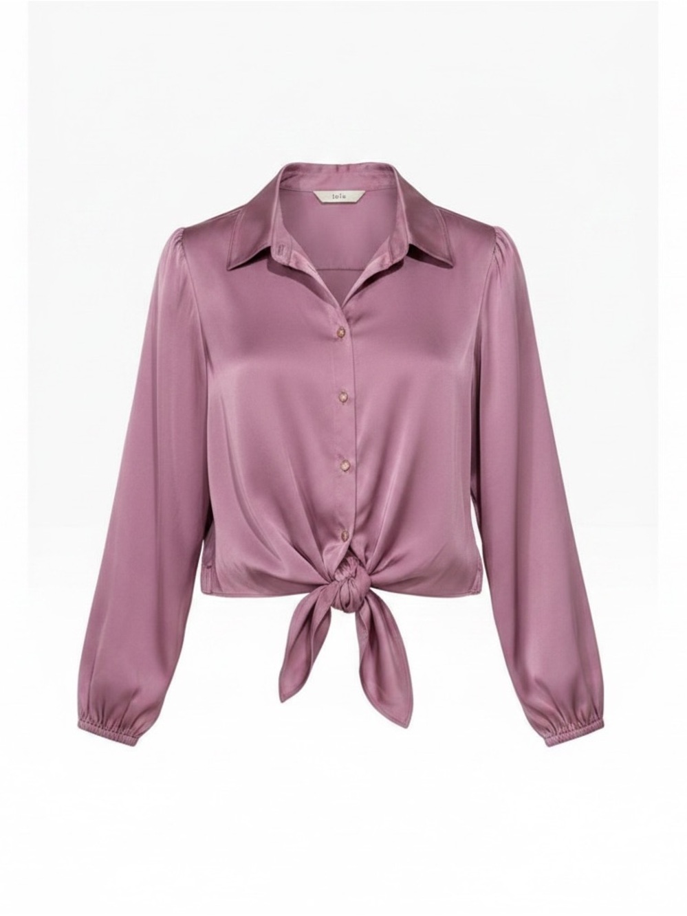 Joie Mauve Satin Tie Front Long Sleeve Blouse Size S Rose Gold Buttons